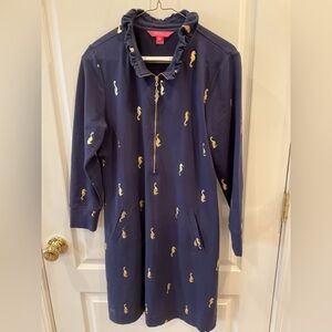 LILLY PULITZER—Skipper Dress, Sz L, Half-Zip, “True Navy” w/ Gold Seahorses, EUC